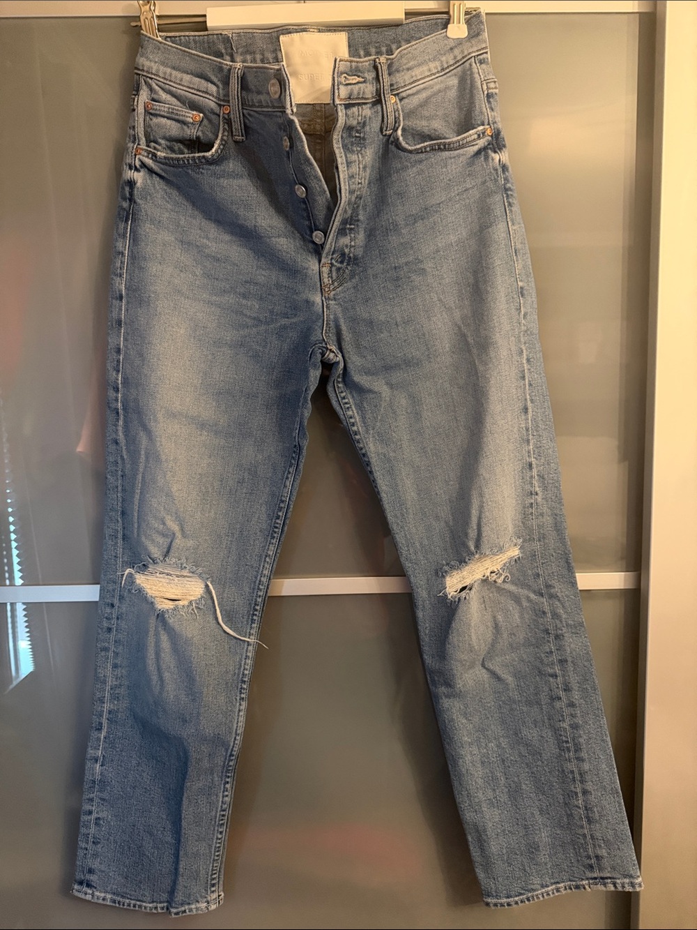 MOTHER Light Blue Straight Jeans with Knee Distress